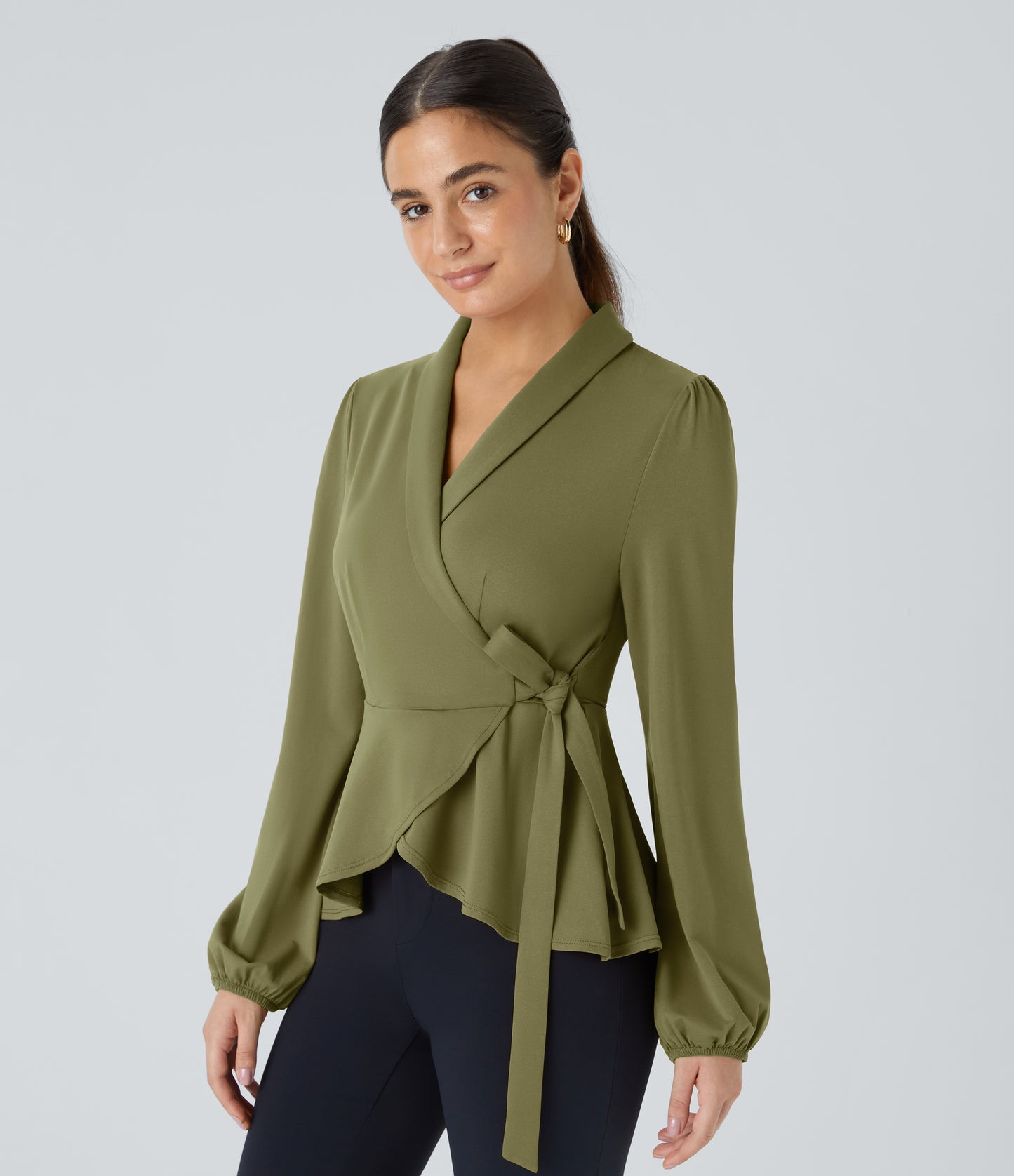 Elegant Shawl Collar Wrapped Tie Side Ruffle Hem Blouse for Work