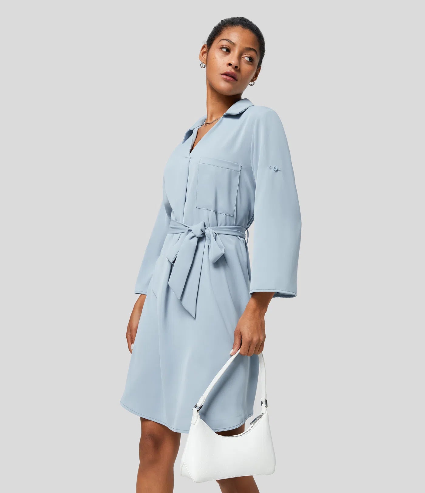 Chic Halara Women's Collared Roll-Up Sleeve Button-Down Belted Relaxed Midi Shirt Dress
