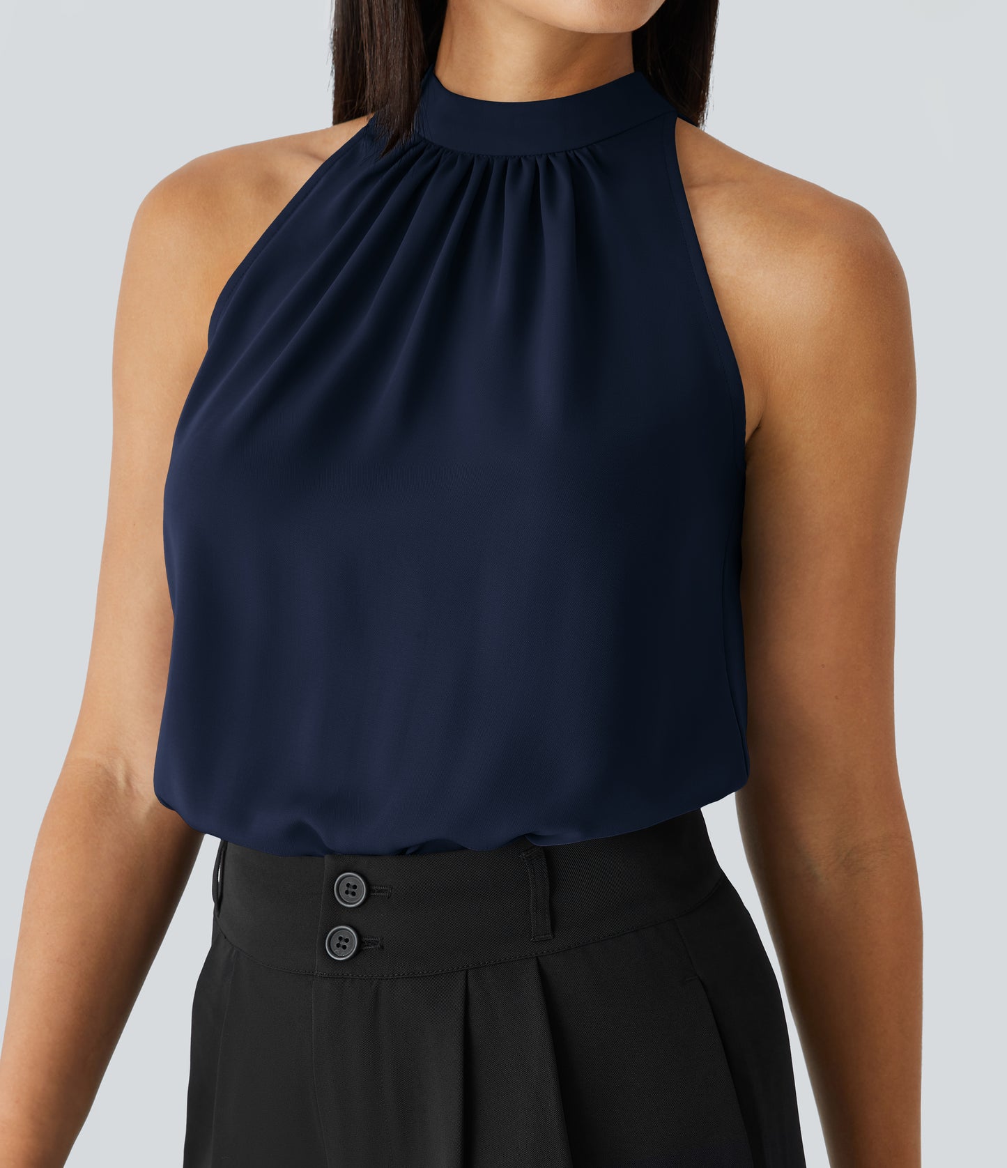 Chic Keyhole Back Halter Sleeveless Work Blouse with Elegant Curved Hem