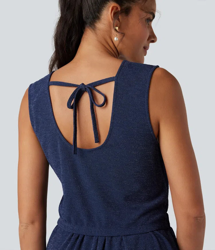 Women's Chic Sleeveless Metallic Jumpsuit with Pockets and Tie Back