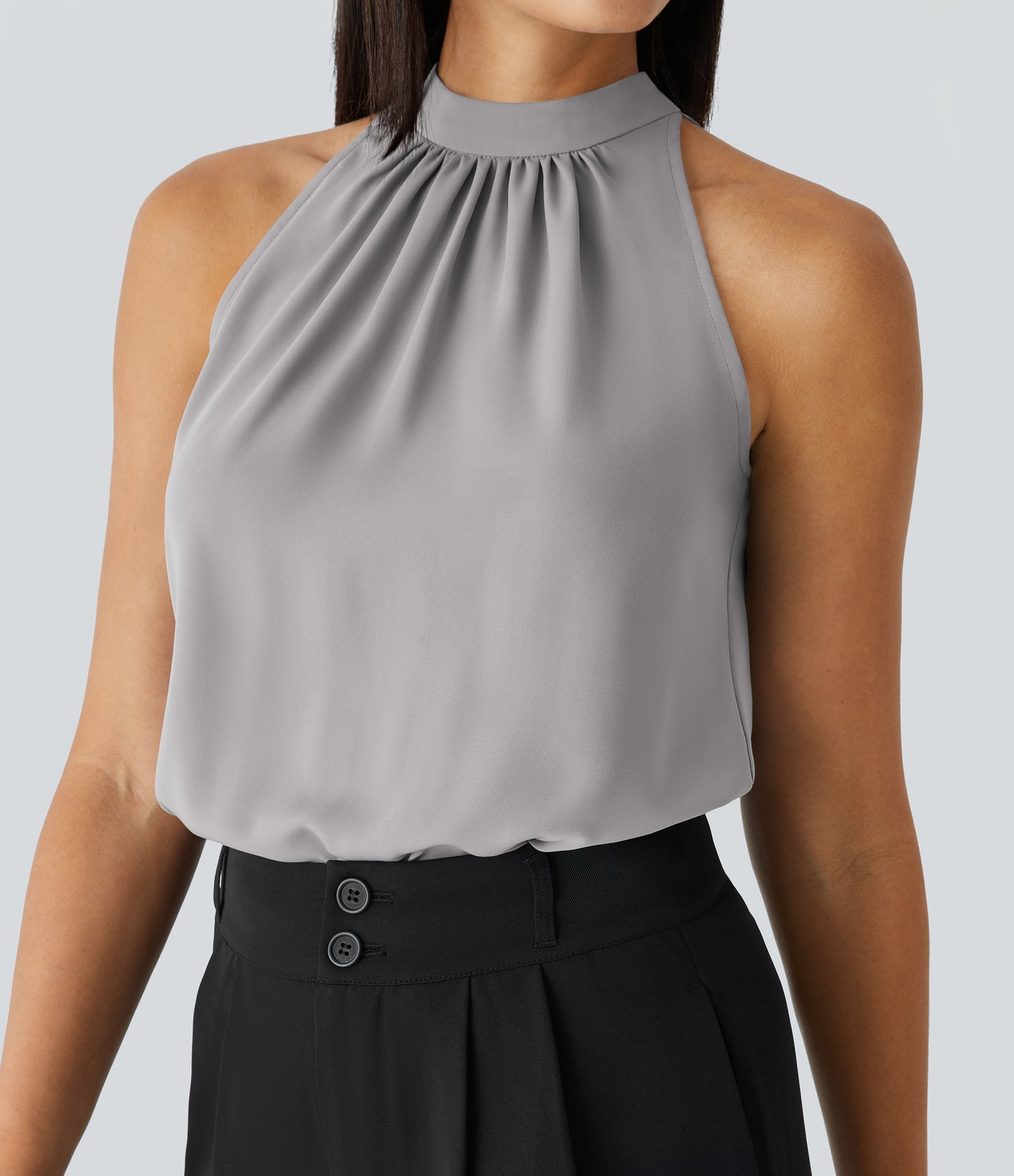 Chic Keyhole Back Halter Sleeveless Work Blouse with Elegant Curved Hem