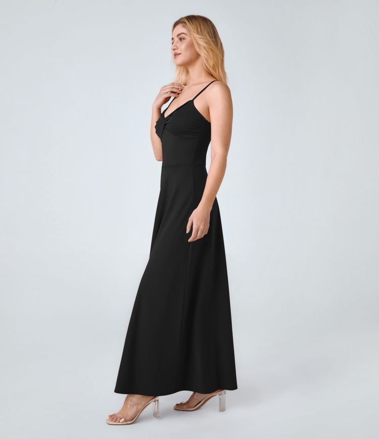 Women's U-Back Flowy Maxi Slip Dress with Flared Hem and Adjustable Straps