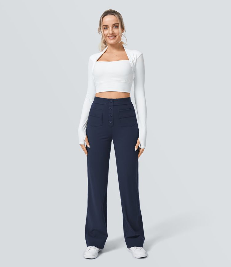 Halara High Waisted Button Straight Leg Casual Pants with Multiple Pockets