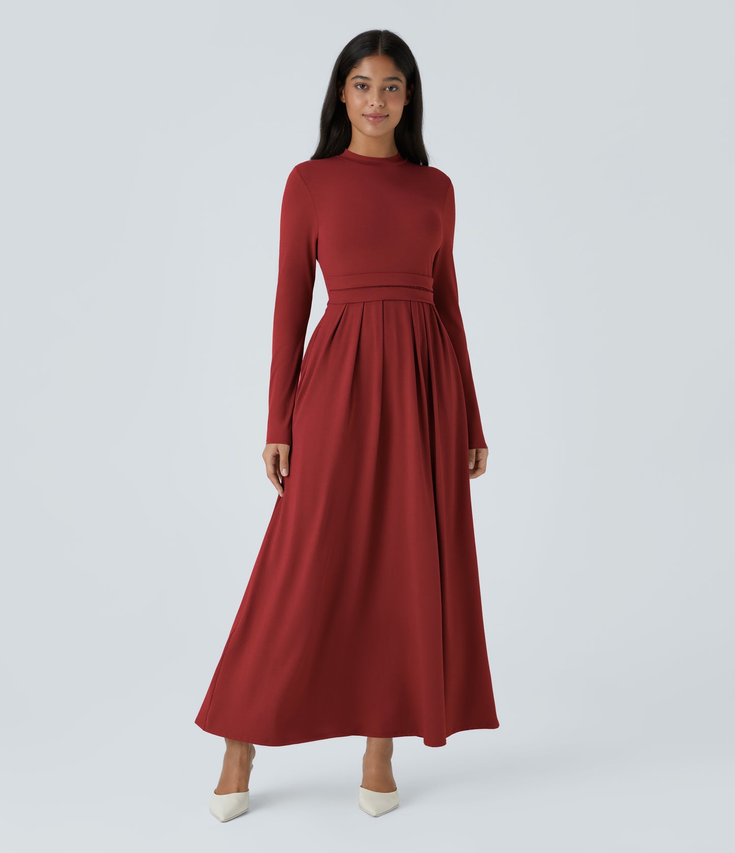 Elegant Mock-Neck Long Sleeve Flare Maxi Dress with Pockets for Women