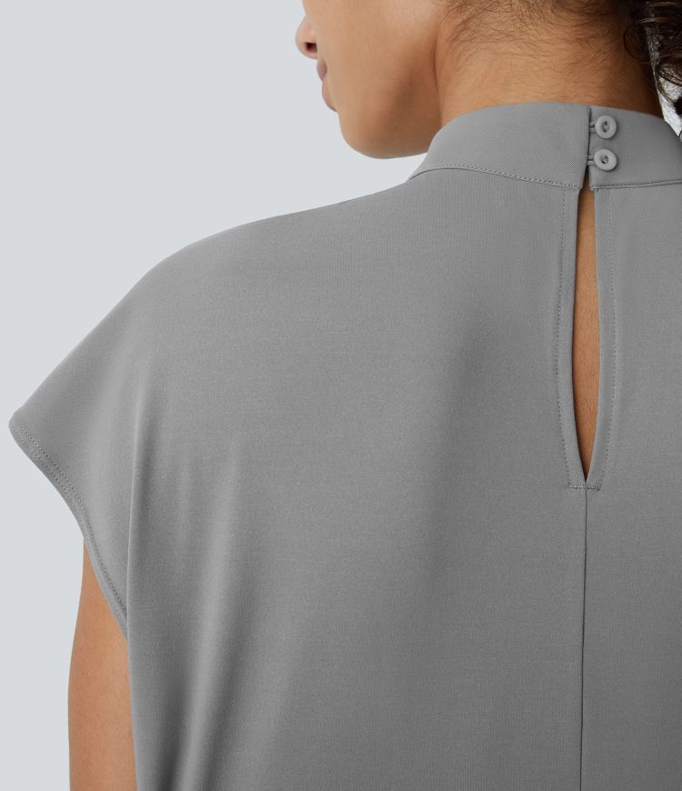 Women's Professional Stand Collar Cap Sleeve Work Blouse - Comfortable Stretch Office Top
