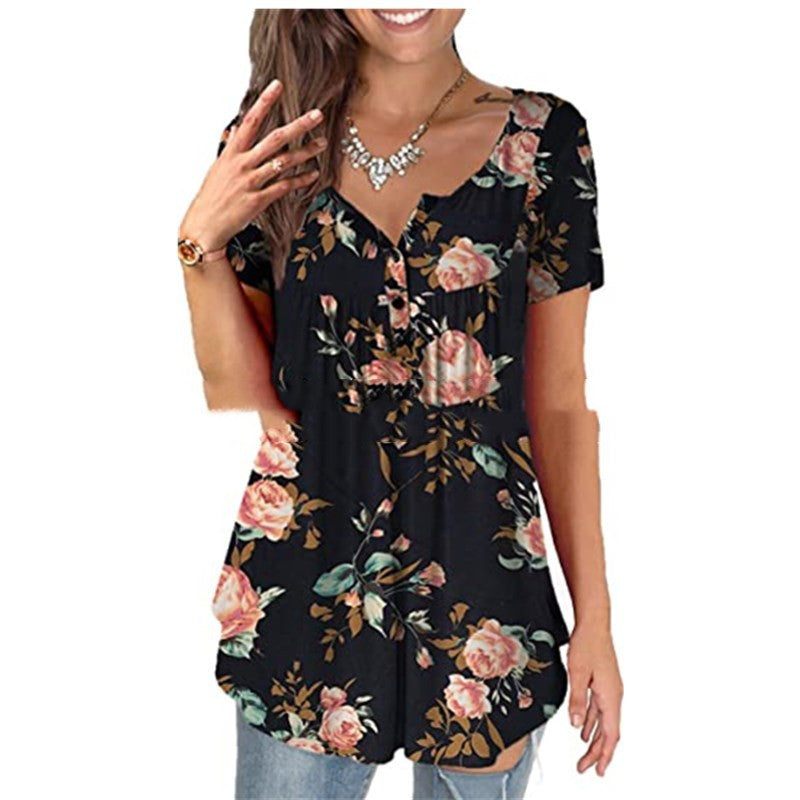 Oversized Tunic Jacket Short Sleeve Casual Floral Print