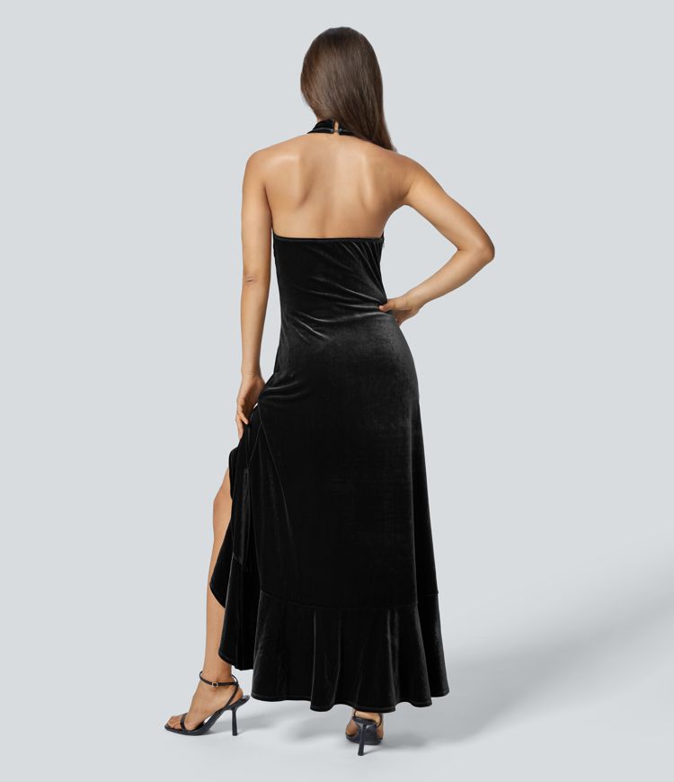Luxurious Halter Neck Ruffle Hem Velvet Maxi Dress – Elegant Evening Gown