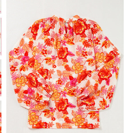 Orange Floral Print Pearl Button Keyhole Long Puff Sleeve Blouse