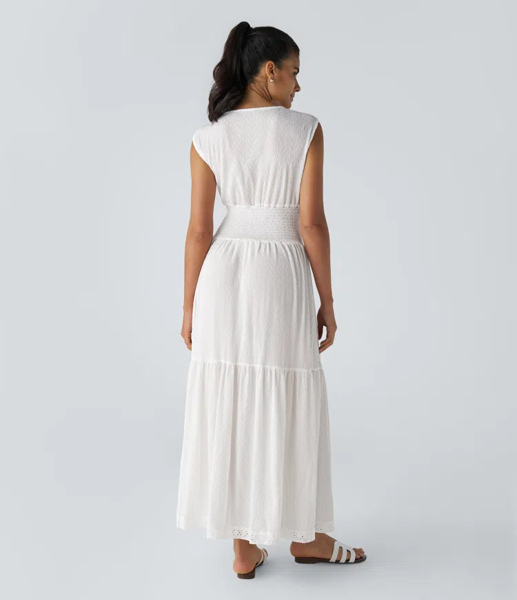 Elegant V-Neck Sleeveless Appliques Shirred Flowy Flare Maxi Casual Dress