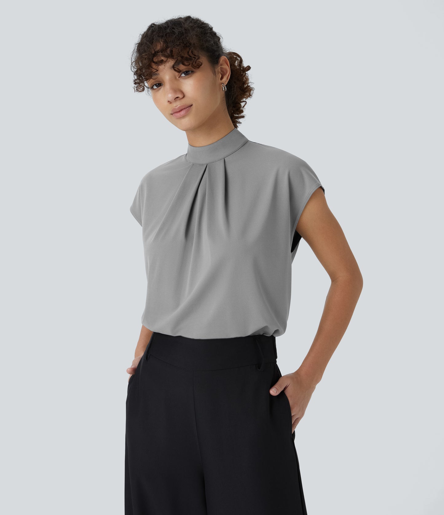 Women's Professional Stand Collar Cap Sleeve Work Blouse - Comfortable Stretch Office Top