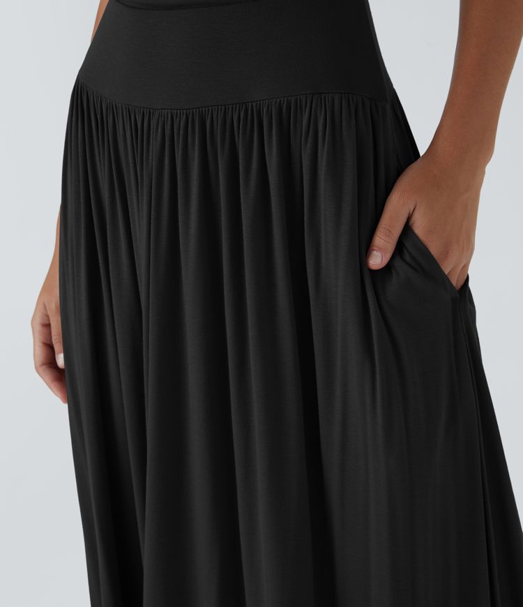 Chic Ribbed Boat Neck Flowy Maxi Dress with Asymmetric Strap & Side Pockets