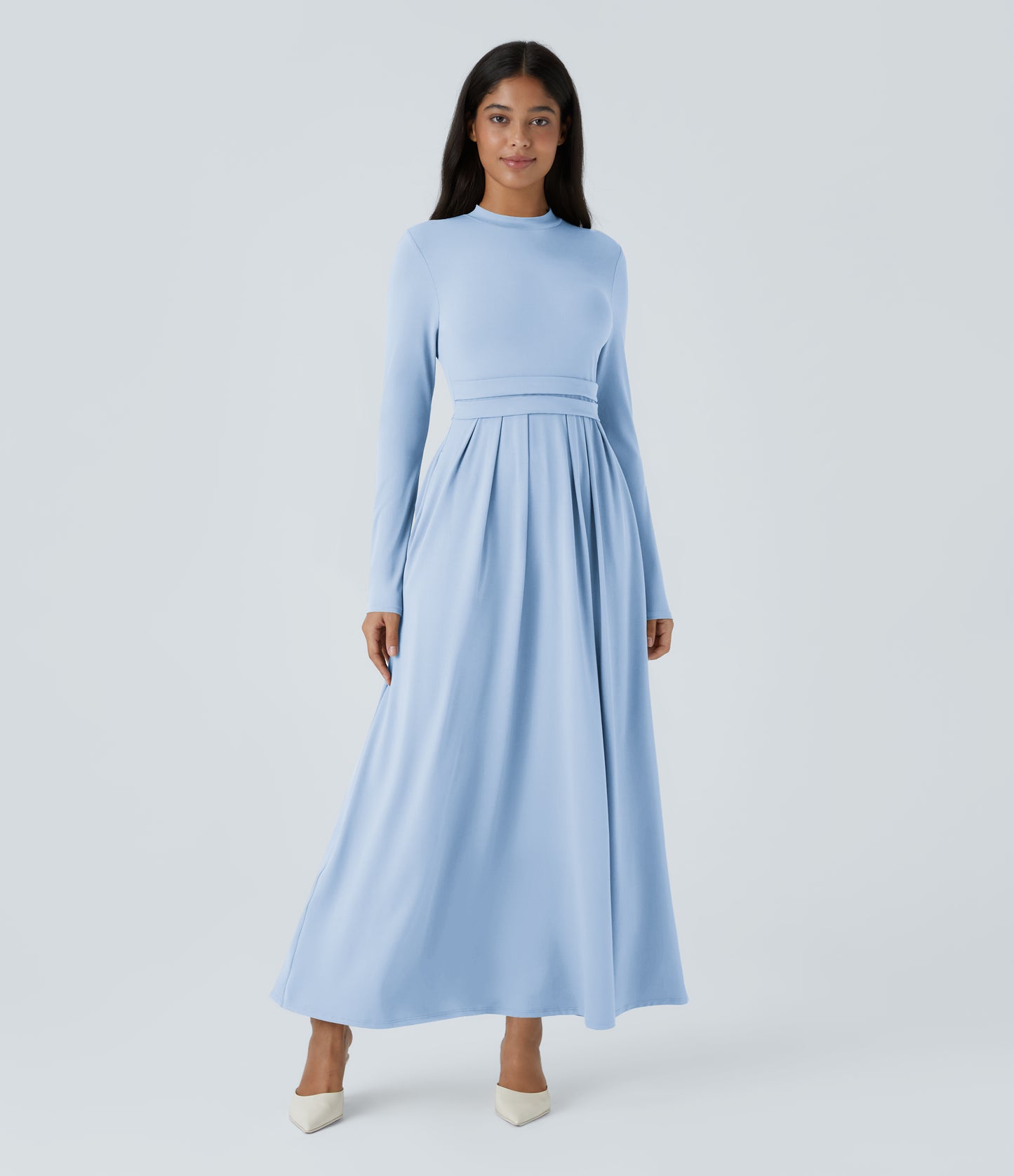Elegant Mock-Neck Long Sleeve Flare Maxi Dress with Pockets for Women