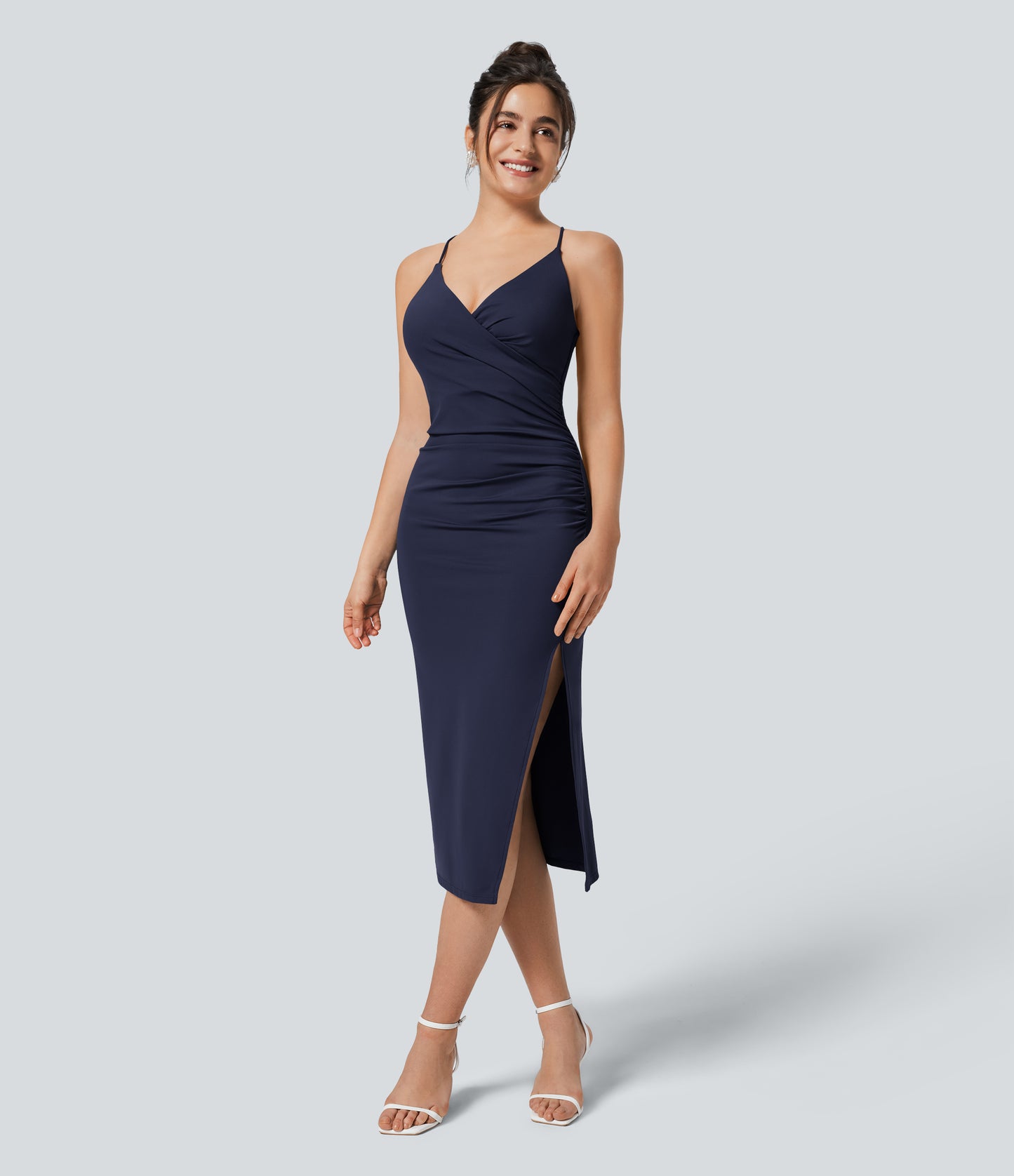 SoftlyZero Airy Crossover Ruched Backless Lace-Up Bodycon Midi Dress UPF50+