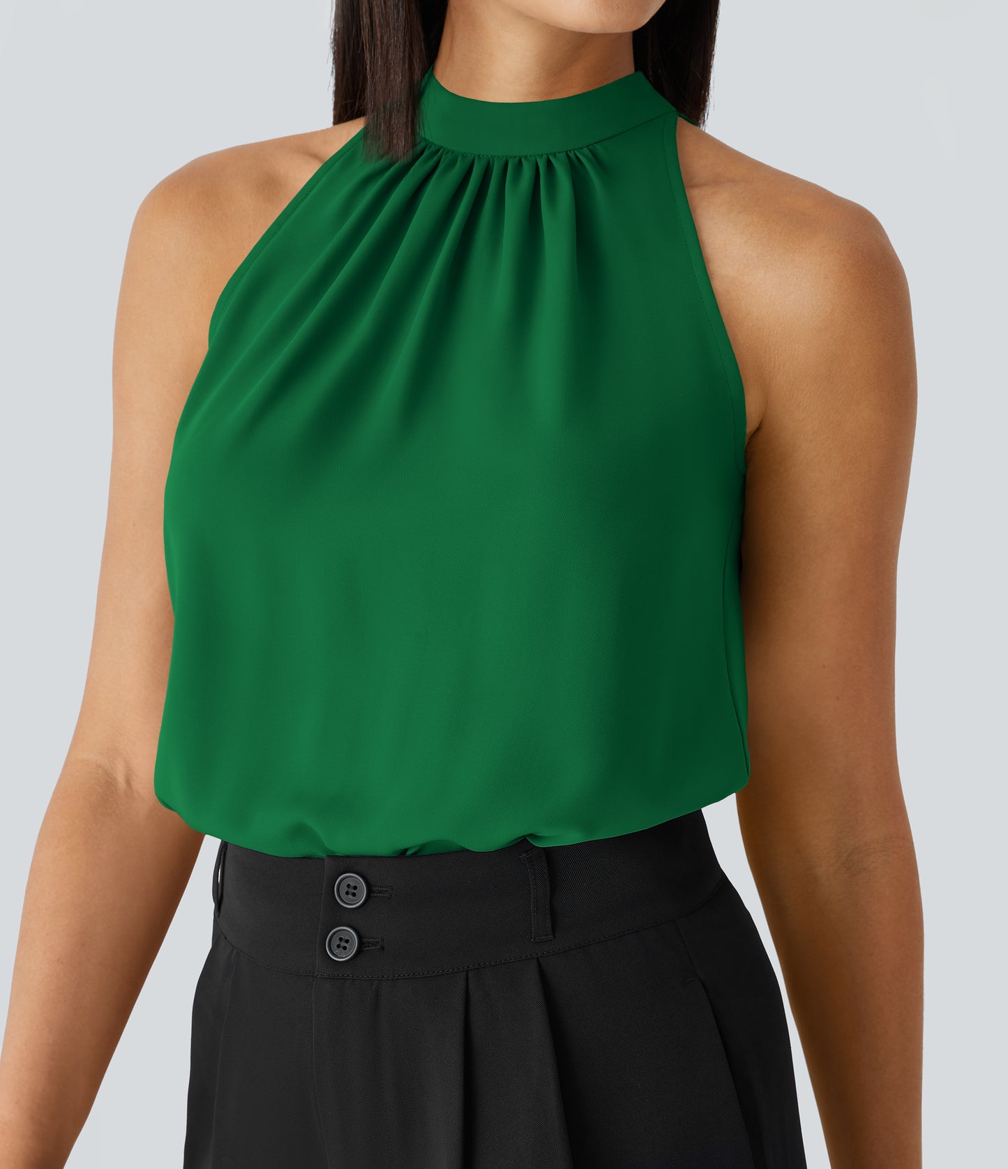 Chic Keyhole Back Halter Sleeveless Work Blouse with Elegant Curved Hem