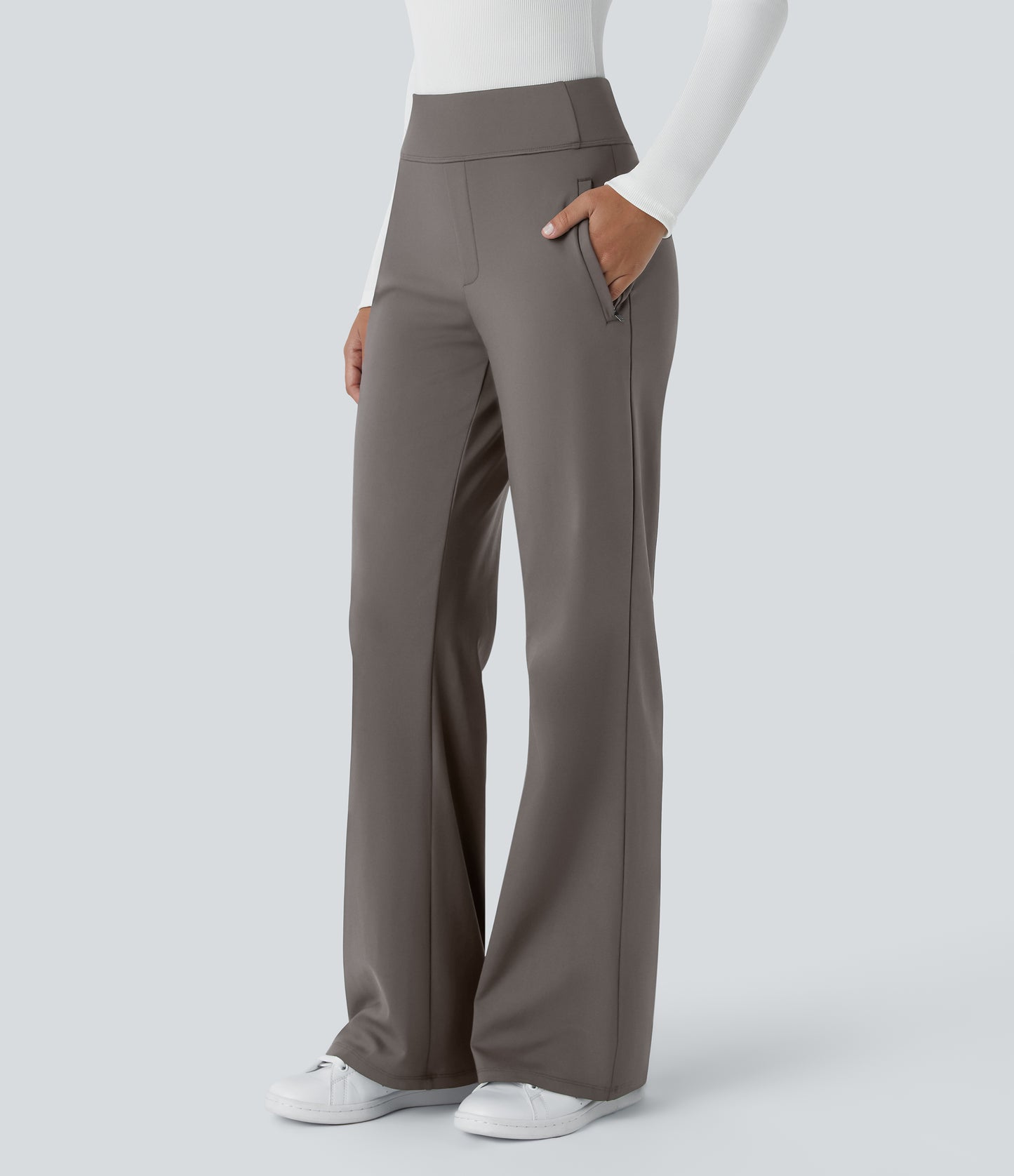 Halara Flex High Waisted Side Zipper Pocket Work Flare Pants