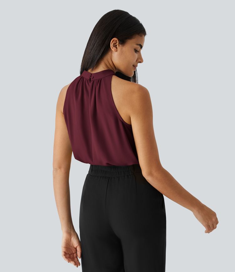 Chic Keyhole Back Halter Sleeveless Work Blouse with Elegant Curved Hem