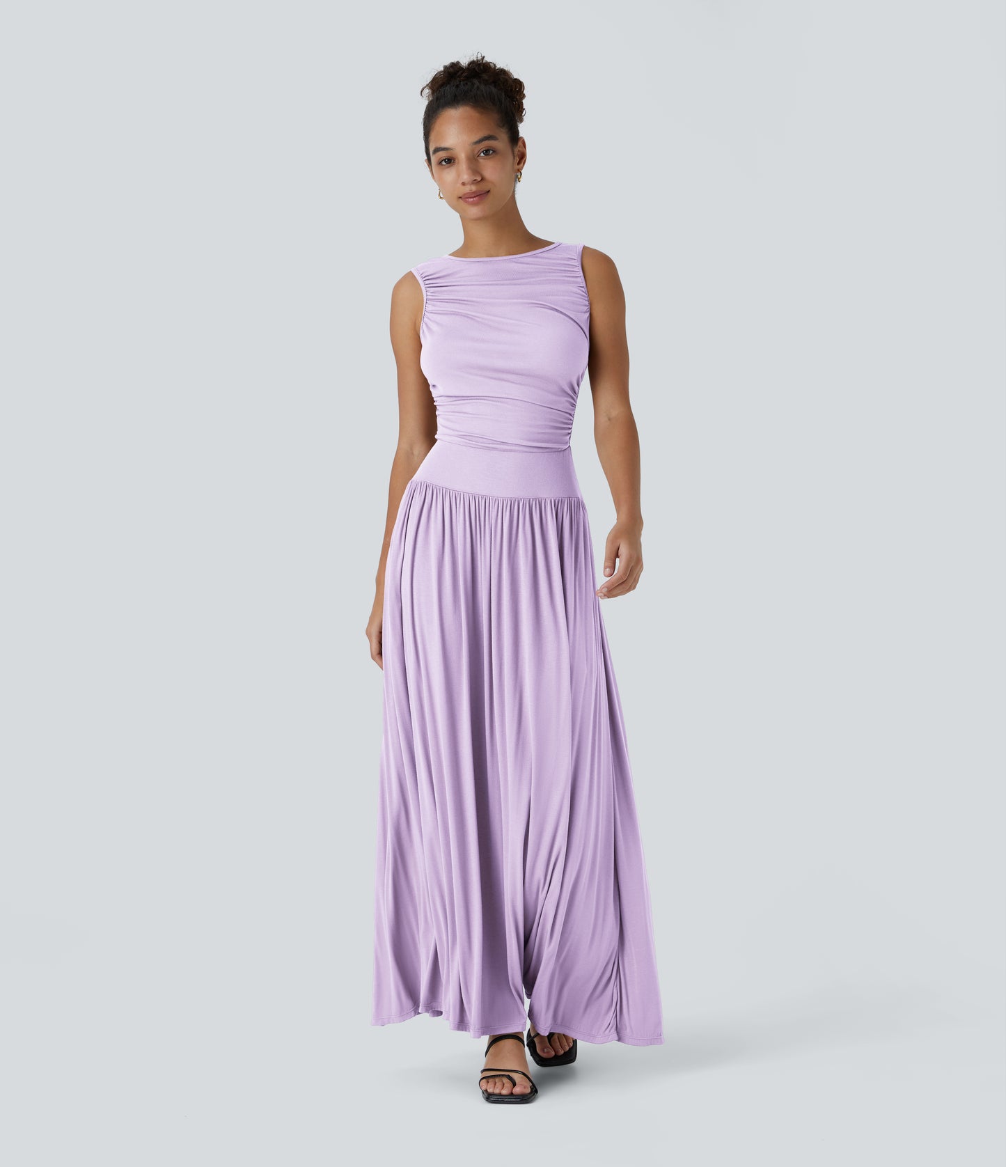 Chic Ribbed Boat Neck Flowy Maxi Dress with Asymmetric Strap & Side Pockets