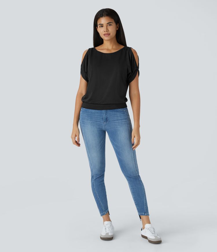 Halara Women's Boat Neck Cut Out T-Shirt: Stylish Short Sleeve Casual Top