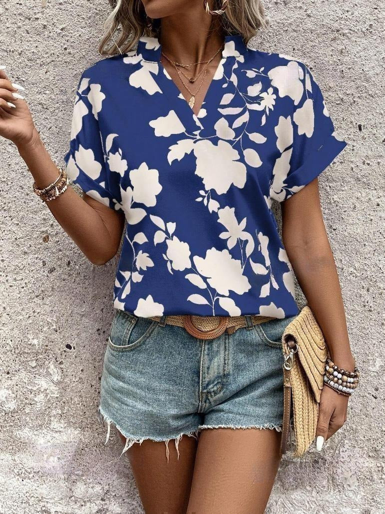 Big Floral Print V-neck Batwing Sleeve Leisure Loose Shirt