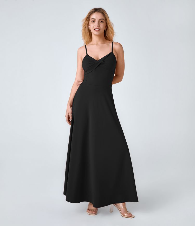 Women's U-Back Flowy Maxi Slip Dress with Flared Hem and Adjustable Straps