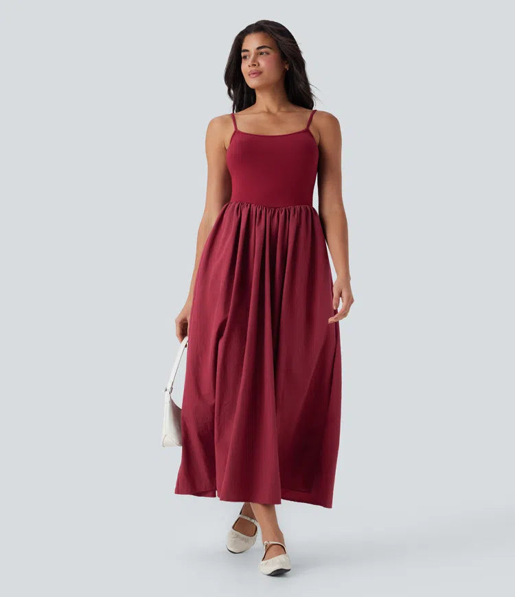 Chic Backless Maxi Slip Dress with Side Pockets, Adjustable Straps, Flowy Comfort