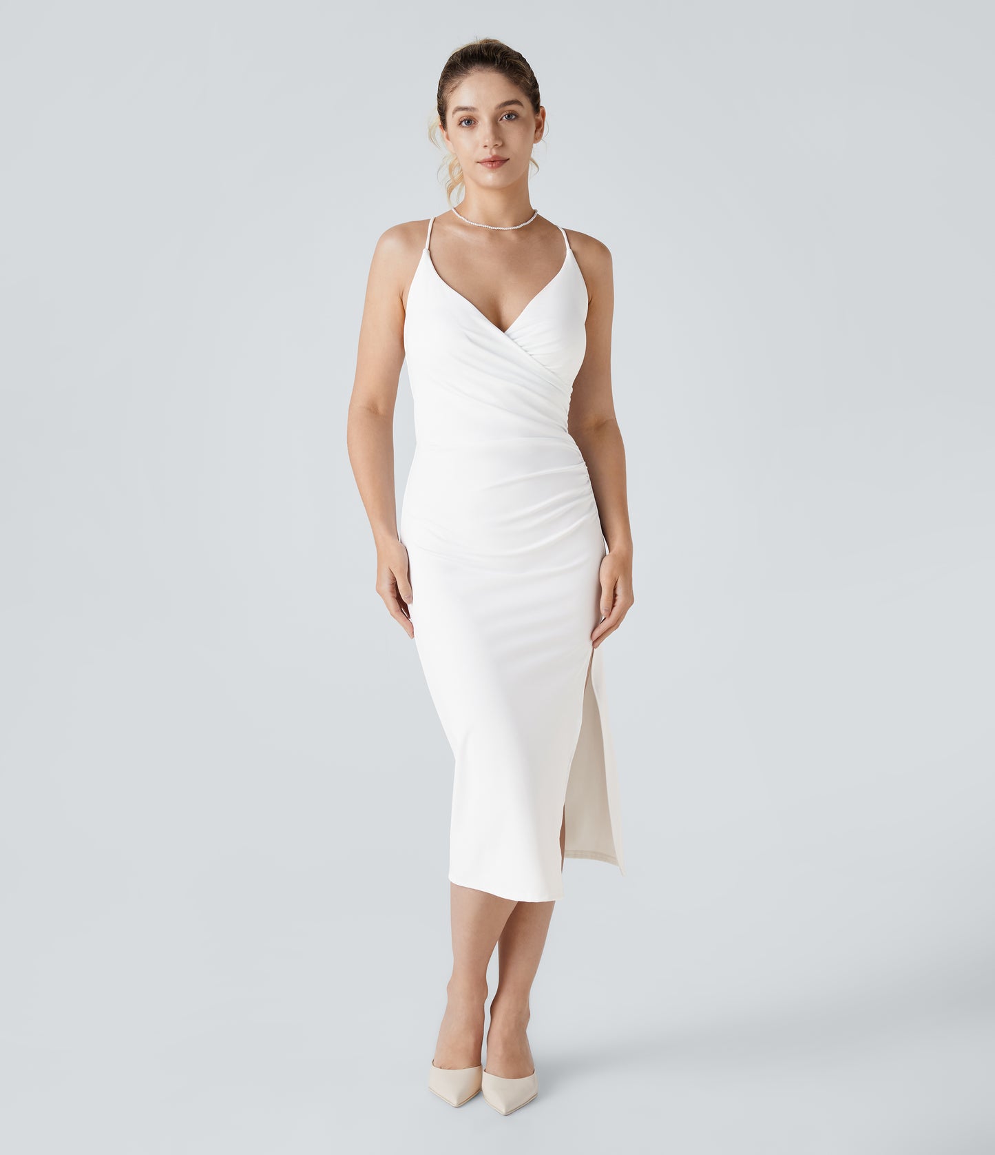 SoftlyZero Airy Crossover Ruched Backless Lace-Up Bodycon Midi Dress UPF50+