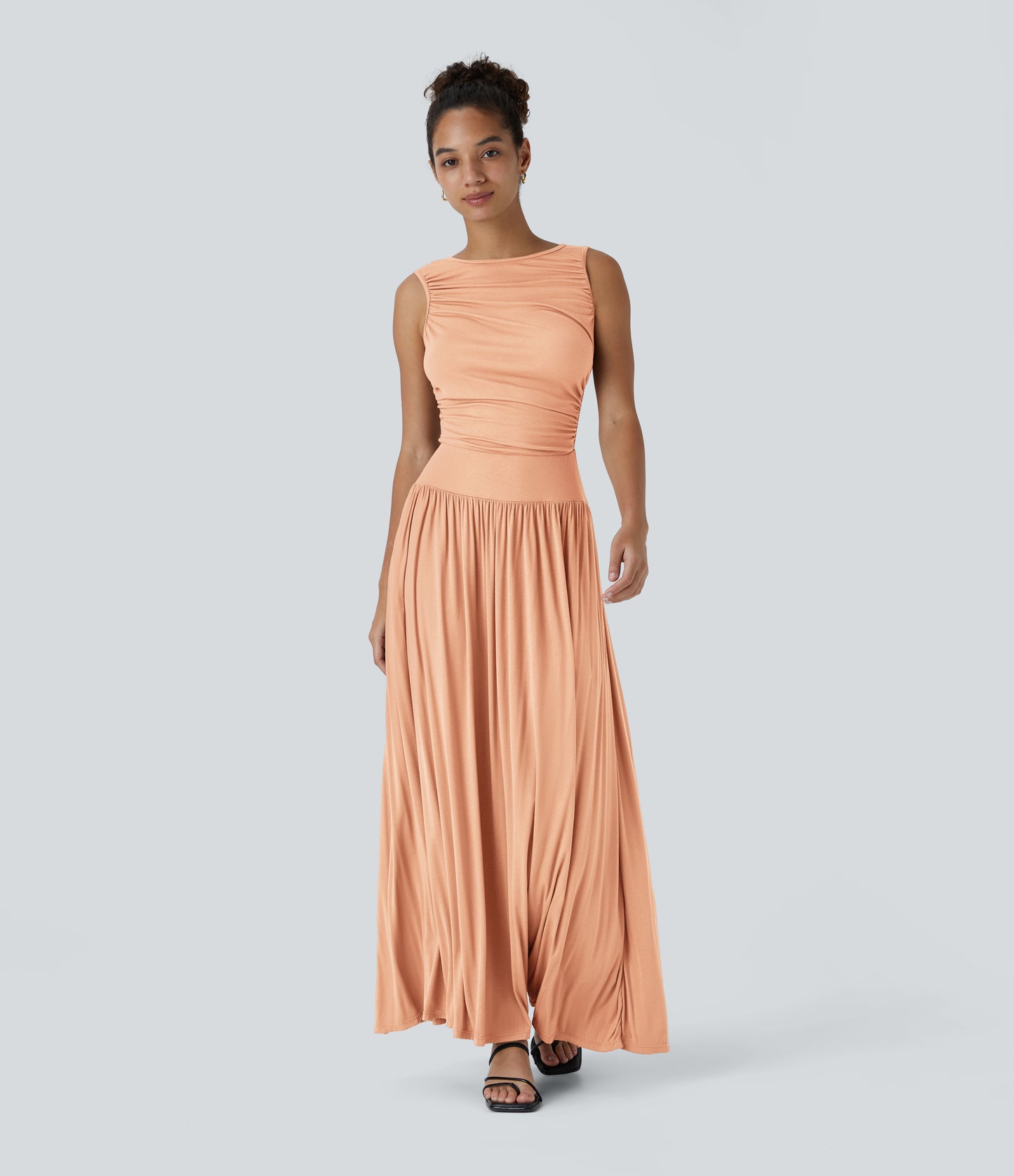 Chic Ribbed Boat Neck Flowy Maxi Dress with Asymmetric Strap & Side Pockets