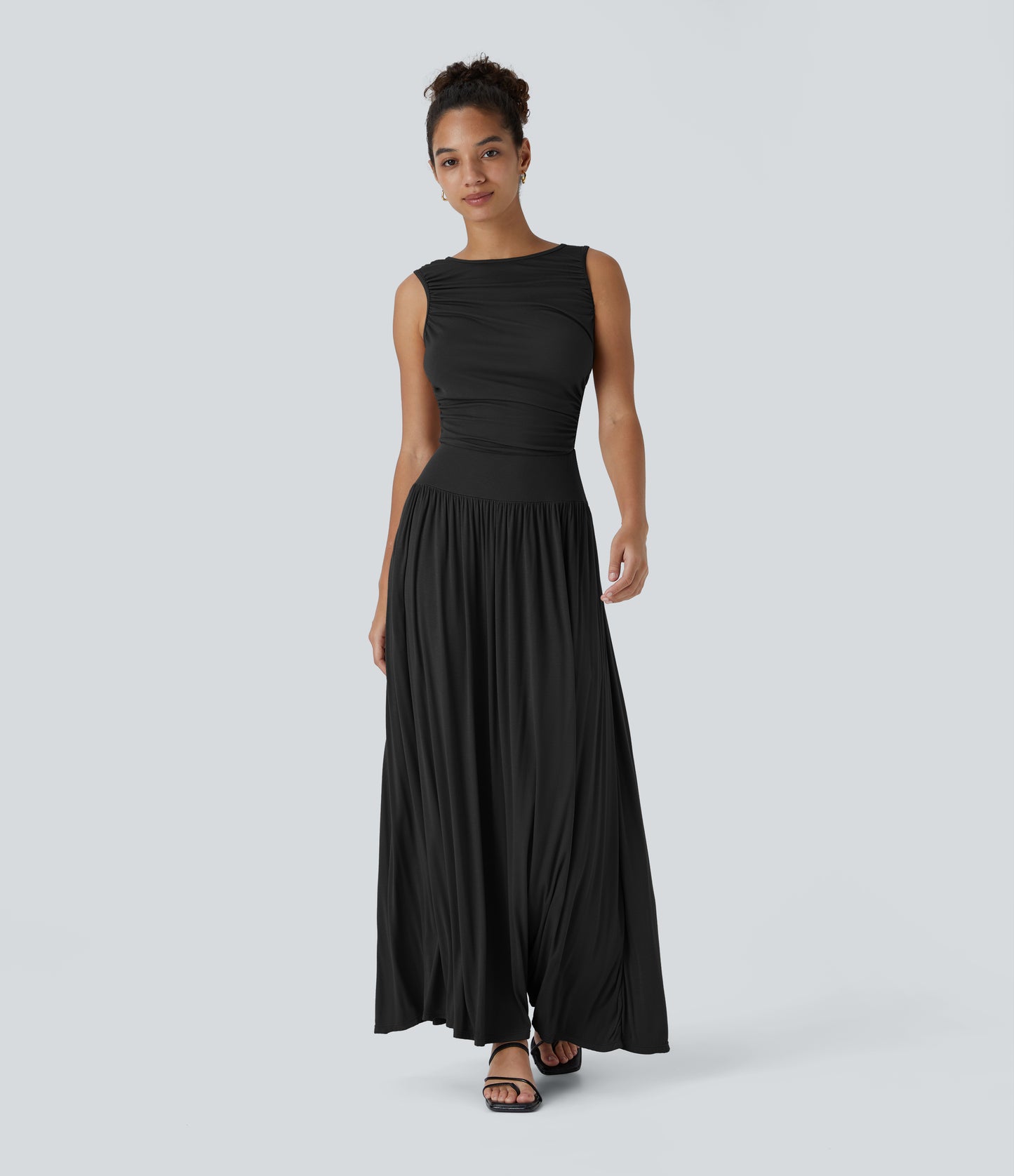 Chic Ribbed Boat Neck Flowy Maxi Dress with Asymmetric Strap & Side Pockets