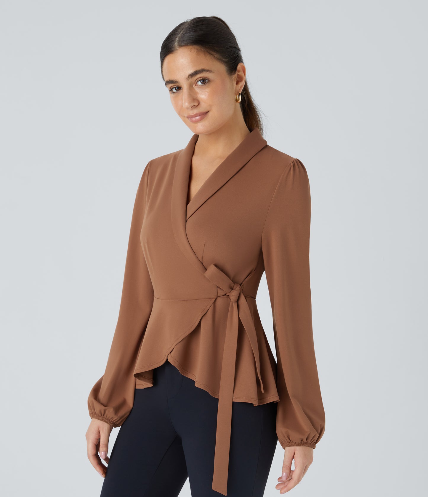 Elegant Shawl Collar Wrapped Tie Side Ruffle Hem Blouse for Work