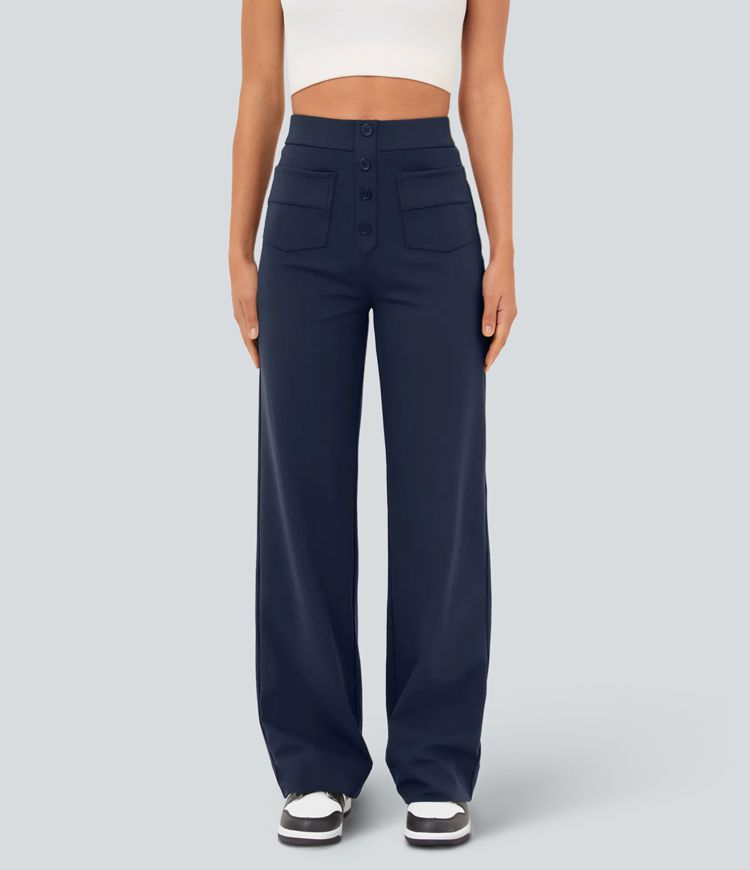 Halara High Waisted Button Straight Leg Casual Pants with Multiple Pockets