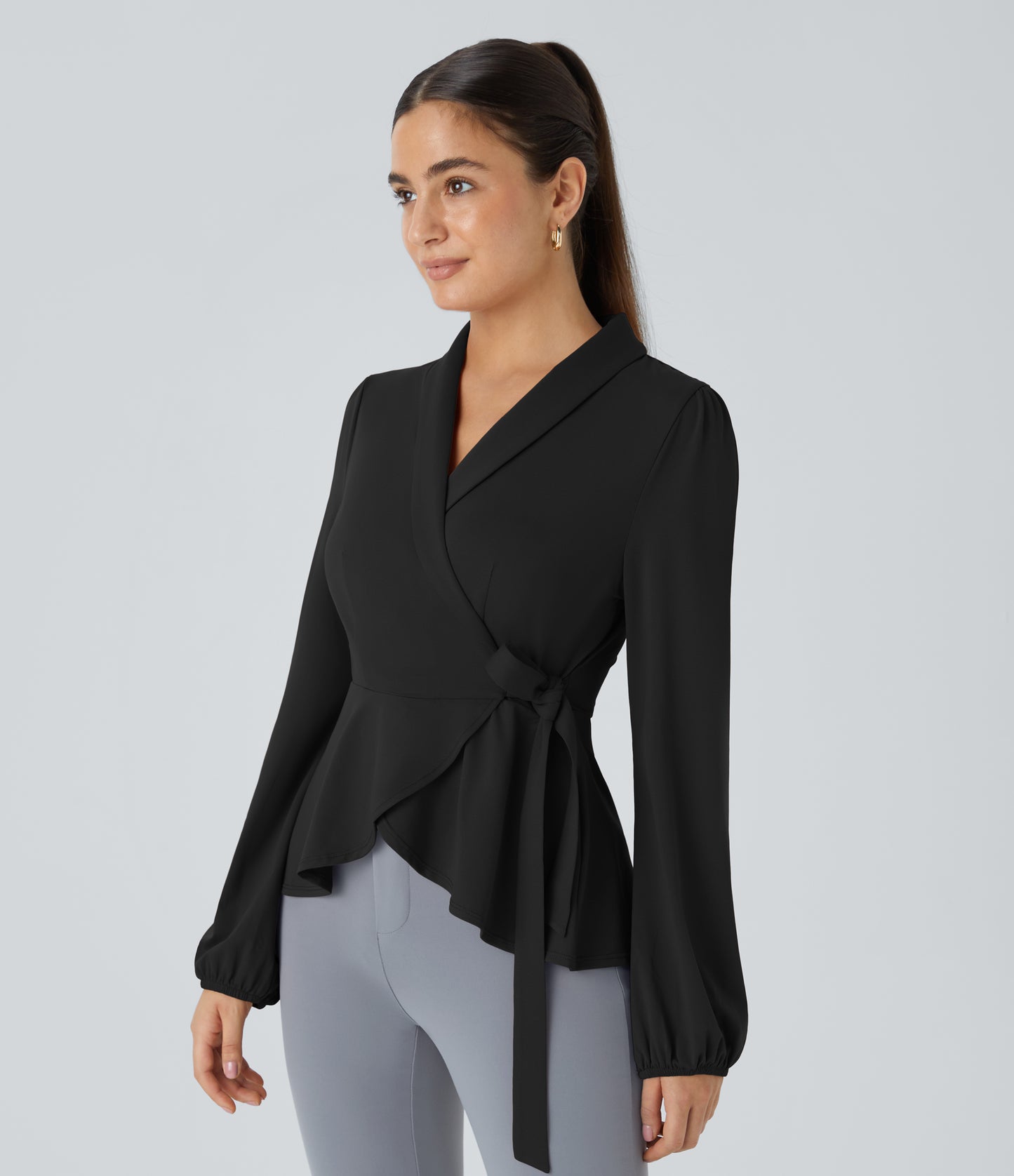 Elegant Shawl Collar Wrapped Tie Side Ruffle Hem Blouse for Work