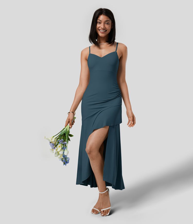 Elegant Women's Backless Adjustable Strap Ruched Split Flowy Maxi Dress for Events