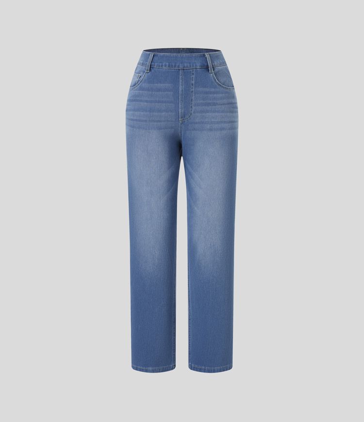 Halara Flex High-Waisted Pockets Straight Leg Washed Stretchy Knit Jeans