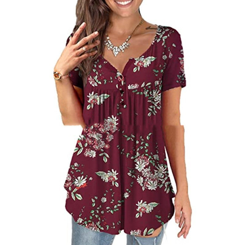 Oversized Tunic Jacket Short Sleeve Casual Floral Print