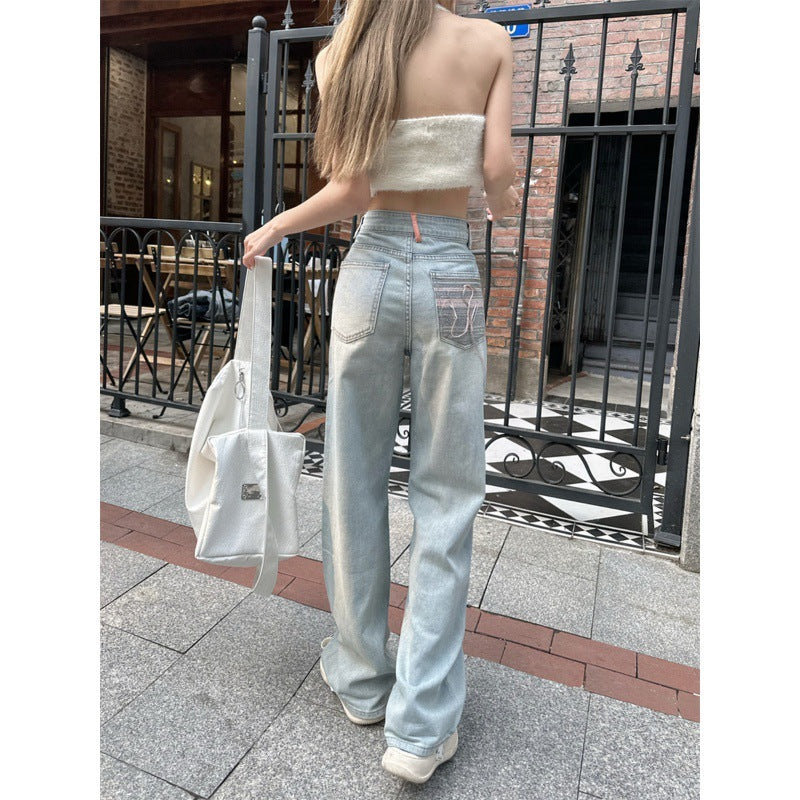 Summer Washed High Waist Loose Slim Wide Leg Jeans Women's Design Light Blue Narrow Straight Floor-length Pants