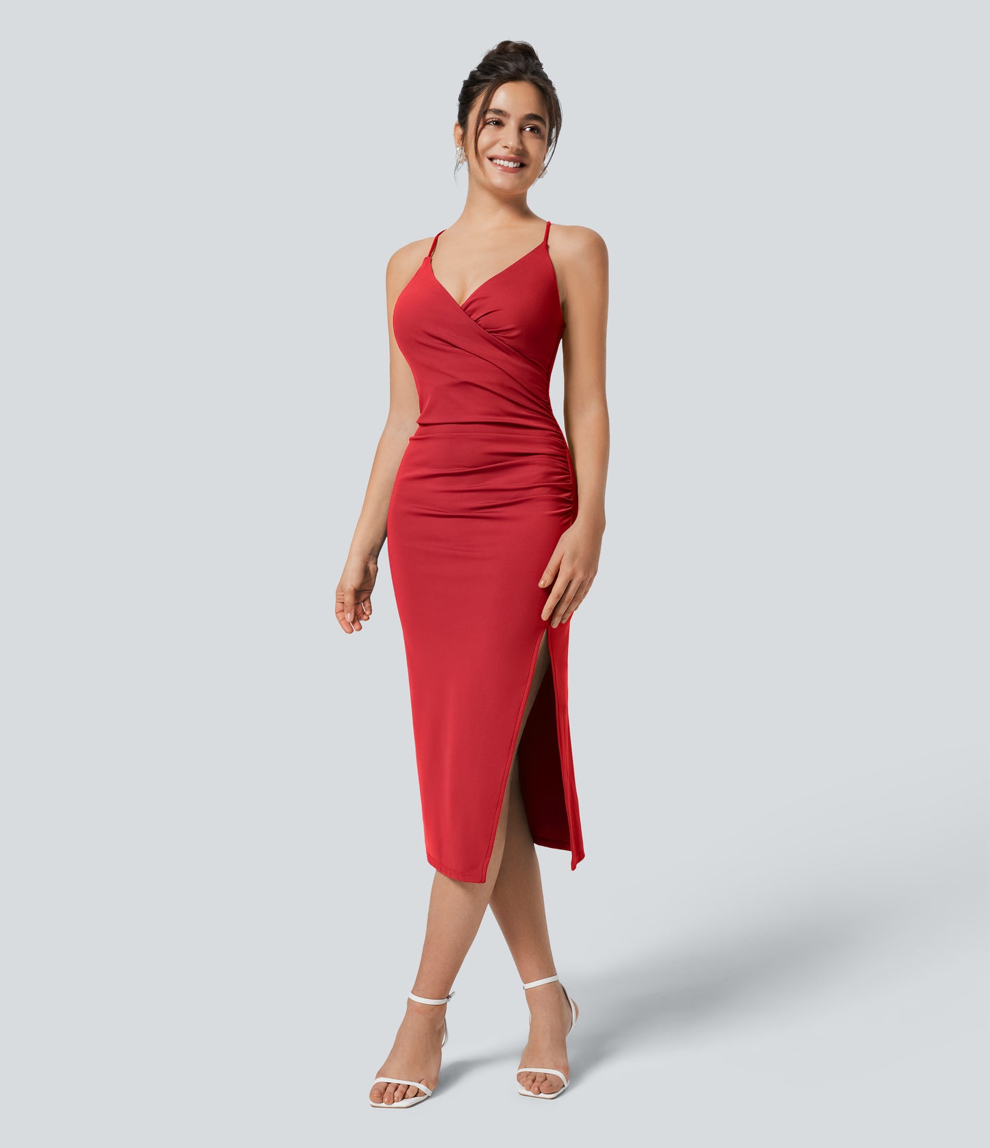 SoftlyZero Airy Crossover Ruched Backless Lace-Up Bodycon Midi Dress UPF50+