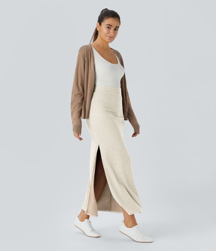 Ribbed High-Waisted Split Hem A-Line Maxi Casual Skirt for Everyday Elegance