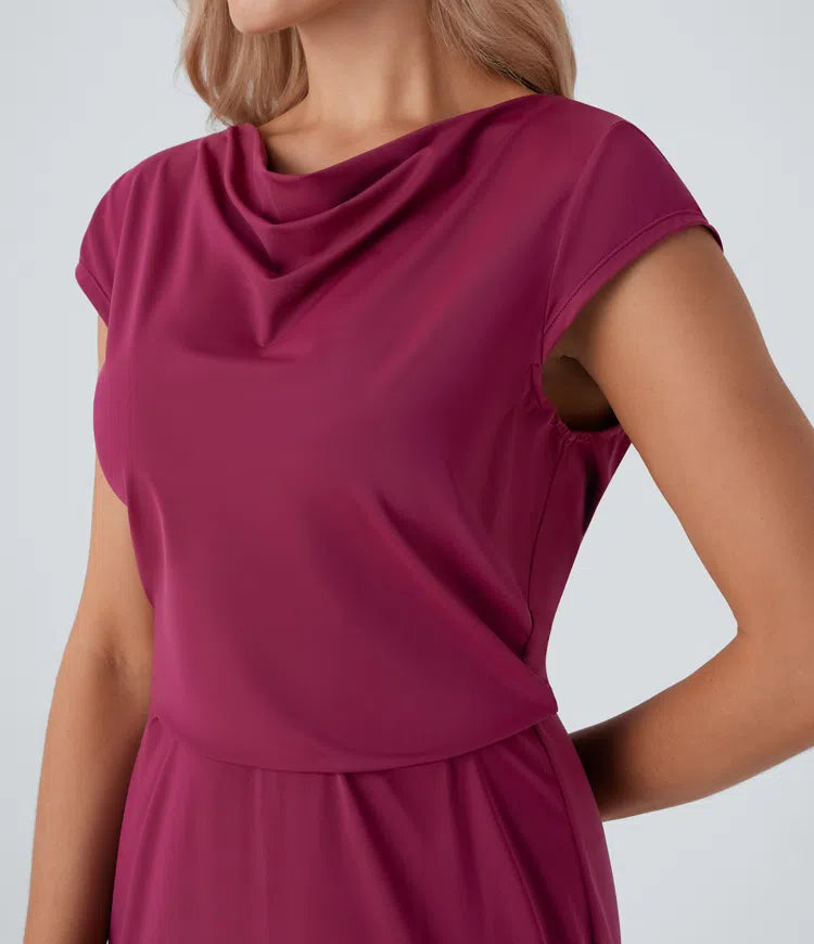 Elegant Backless Tie-Back Cowl Neck Cap Sleeve Maxi Dress for Parties & Events