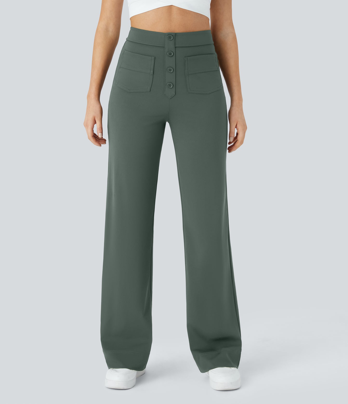 Halara High Waisted Button Straight Leg Casual Pants with Multiple Pockets
