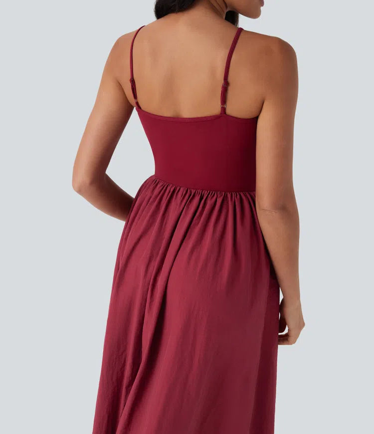Chic Backless Maxi Slip Dress with Side Pockets, Adjustable Straps, Flowy Comfort