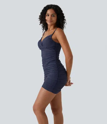 Deep V Neck Adjustable Strap Backless Ruched Bodycon Mini Casual Dress