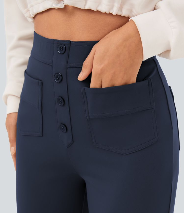 Halara High Waisted Button Straight Leg Casual Pants with Multiple Pockets