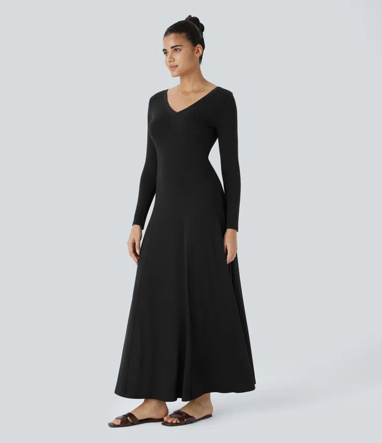 Elegant Draped V-Neck Long Sleeve Maxi Dress for Casual Everyday Style