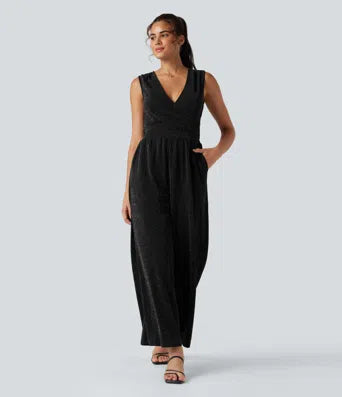 Women's Chic Sleeveless Metallic Jumpsuit with Pockets and Tie Back