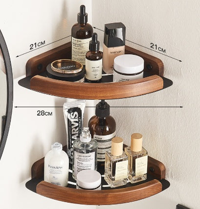 Custom-designed wooden bathroom storage rack featuring adjustable compartments and towel holders using strong adhesive backing