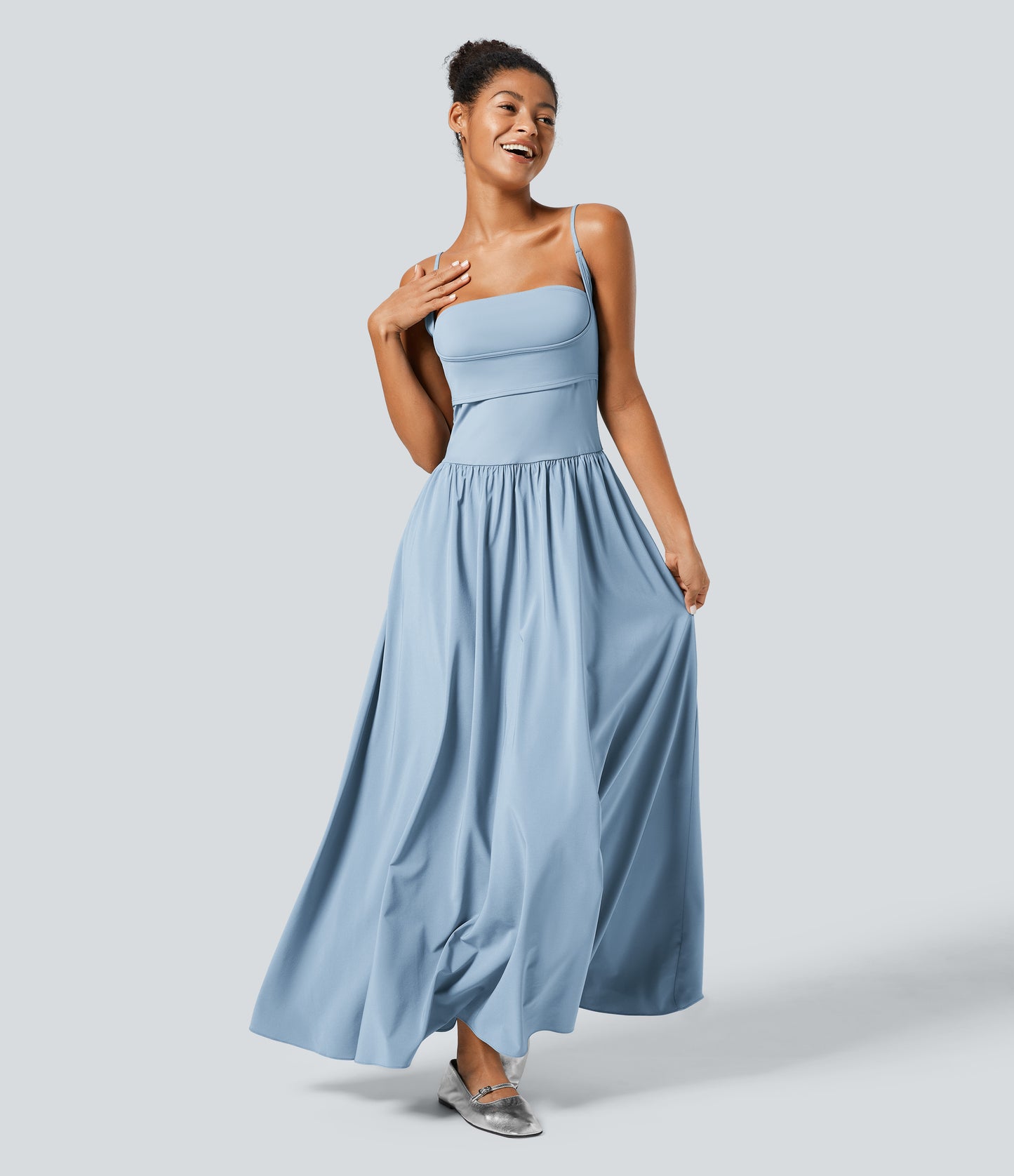Breezeful Backless Side Pocket Flowy Flare Maxi Quick Dry Casual Slip Dress