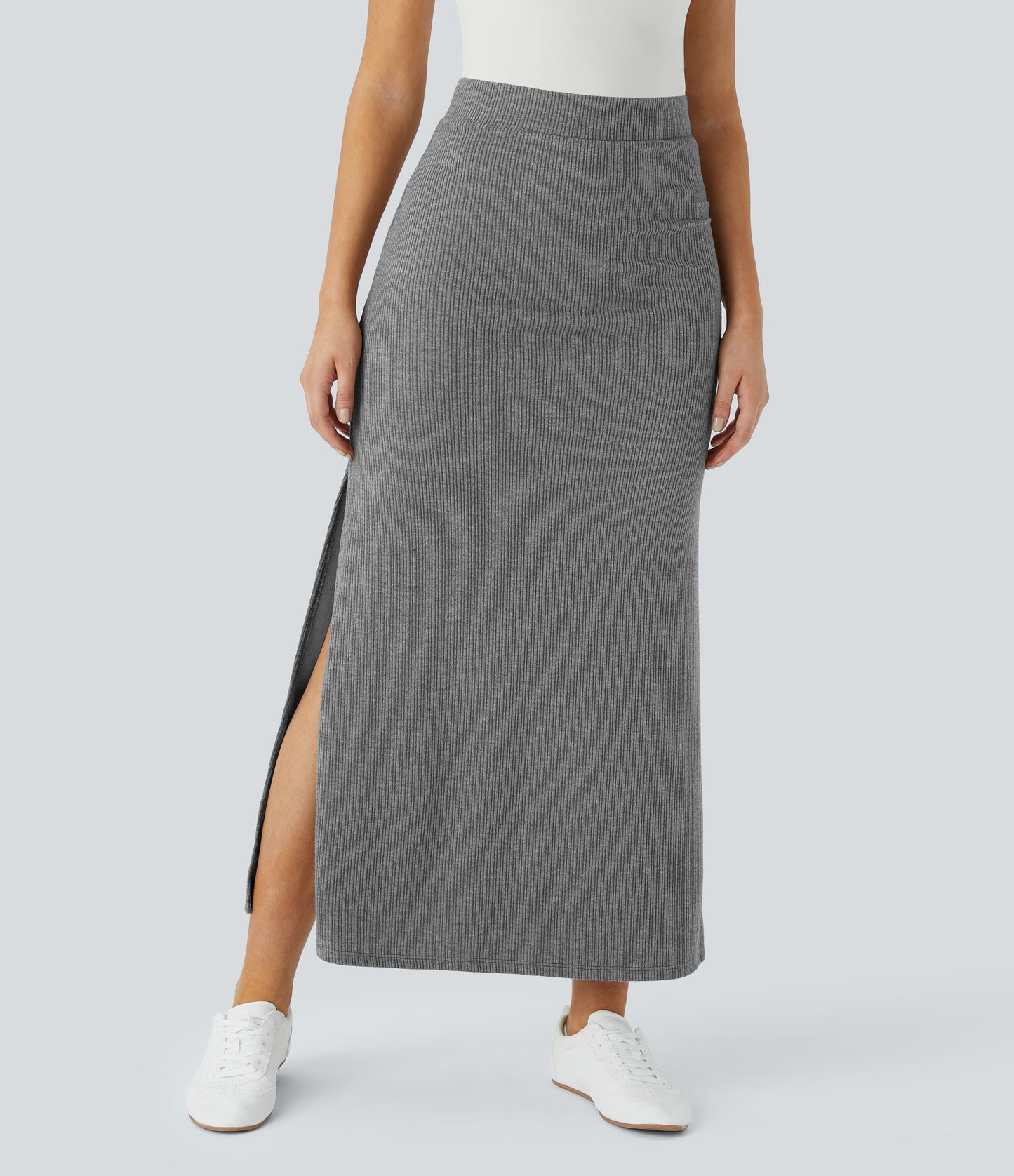 Ribbed High-Waisted Split Hem A-Line Maxi Casual Skirt for Everyday Elegance