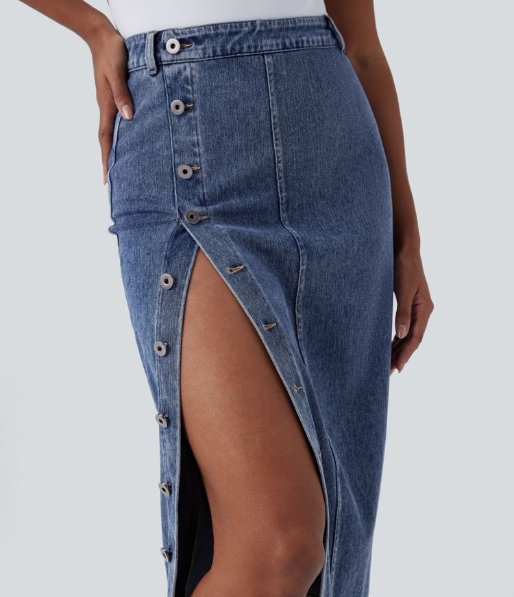 Halara Flex High-Waisted Stretchy Knit Denim Midi Skirt with Front Buttons