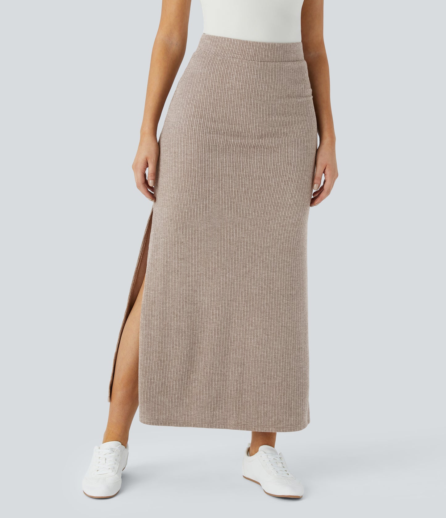 Ribbed High-Waisted Split Hem A-Line Maxi Casual Skirt for Everyday Elegance