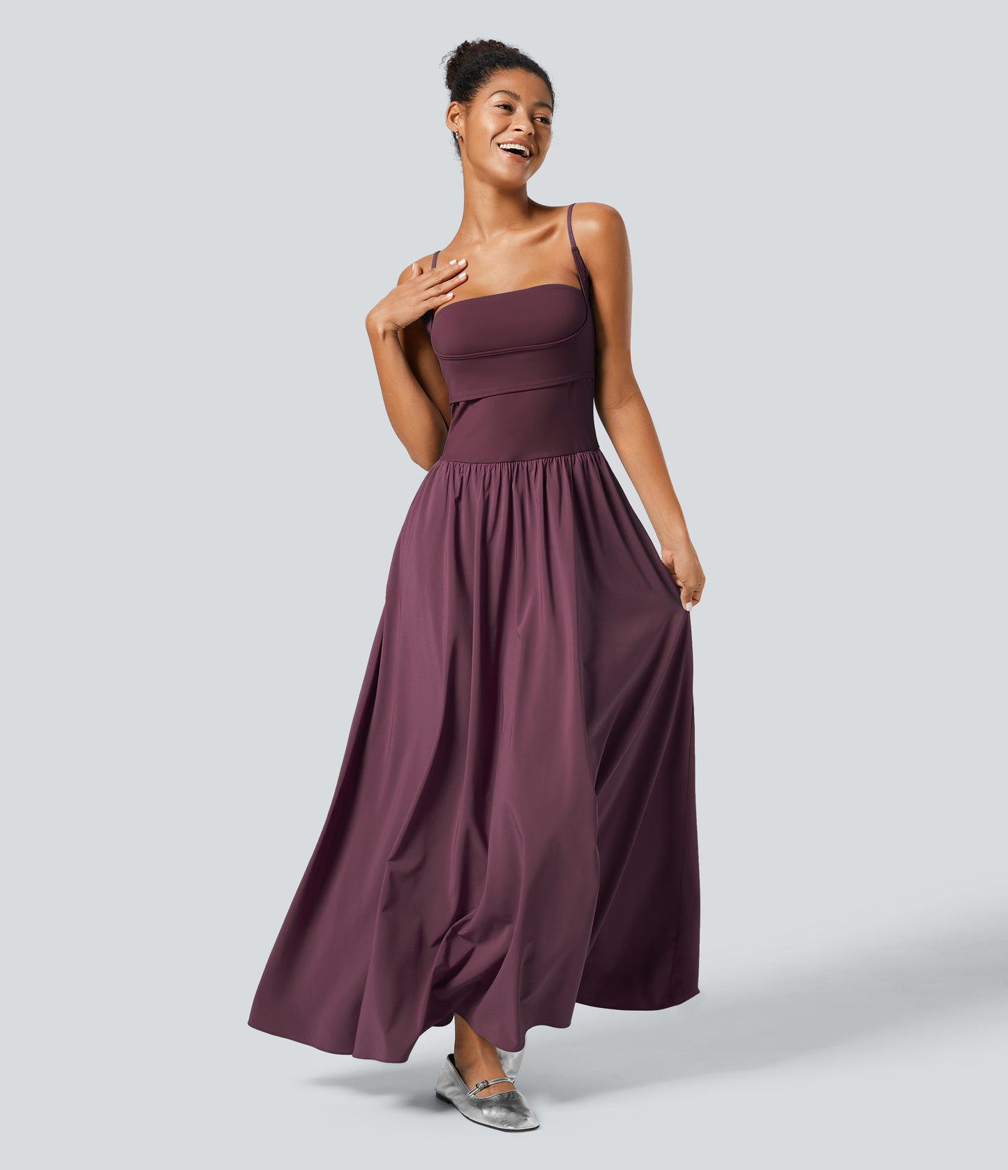 Breezeful Backless Side Pocket Flowy Flare Maxi Quick Dry Casual Slip Dress